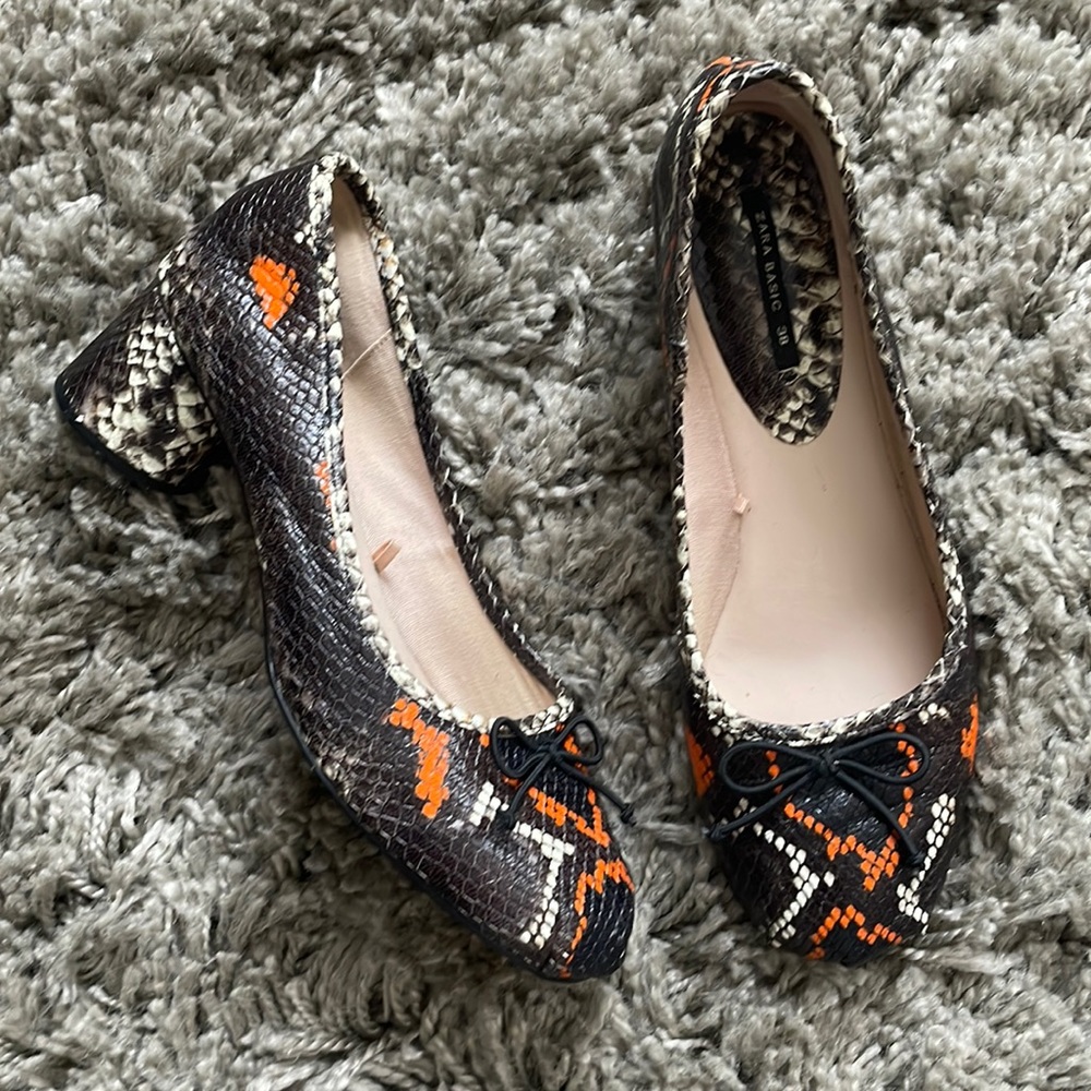 Zara Leather Snake Print Block Heel Ballerinas